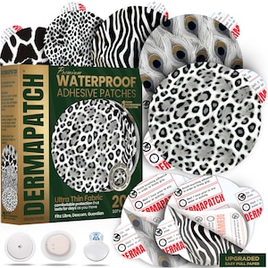 May include: A collection of waterproof adhesive patches with various animal print designs, including leopard, zebra, and peacock feather patterns. The product is packaged in a box with the brand name "DERMAPATCH" and product details. The patches are designed for continuous glucose monitors.