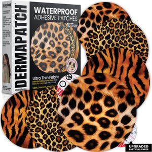 May include: A box of DermaPatch waterproof adhesive patches with a leopard print design. The box features the brand name and product information. Several individual patches with leopard and tiger stripe patterns are visible.
