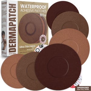 May include: A box of DermaPatch waterproof adhesive patches with a variety of brown tones. The box features the brand name and product details. Several individual patches are displayed, showcasing different shades of brown.