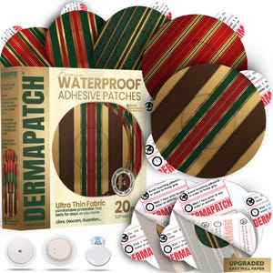 Op de afbeelding: Een doos Dermapatch waterdichte zelfklevende pleisters met een gestreept ontwerp in rood, groen en goud. De doos leest "Premium Waterproof Adhesive Patches". De pleisters hebben een diameter van 7,8 cm.