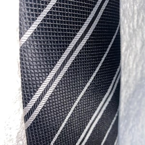 Vintage 1980s Firste Handmade Silk Tie – Black with Silver Stripes