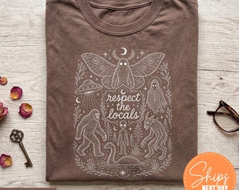 TSHIRT Respect The Locals Shirt, Bigfoot Mothman Alien Tee, Cryptid Vintage Top