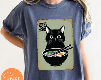 Kawaii Noodle Cat Shirt, Ramen Anime Cat T-Shirt, Cute Japanese Cat Gift Tee