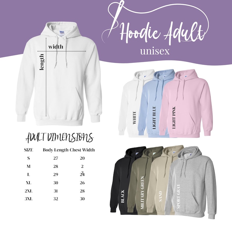 May include: A white hooded sweatshirt with a drawstring hood and front pocket, accompanied by a color chart displaying eight additional hoodie colors including light blue, light pink, black, military green, sand, and sport gray with size chart.
