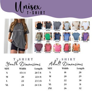 Puede incluir: Una camiseta de manga corta con cuello redondo disponible en varios colores, incluyendo negro, gris, blanco, verde, azul, morado, rojo y naranja. La imagen incluye una tabla de tallas con medidas de ancho y largo en pulgadas.