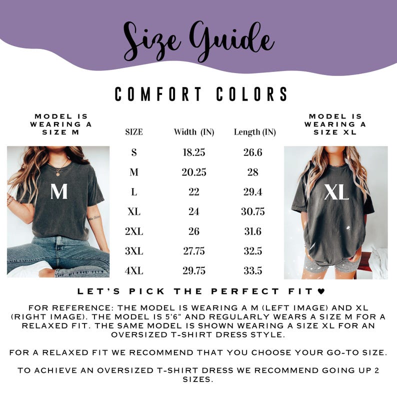 Puede incluir: Una tabla de gu&iacute;a de tallas para camisetas Comfort Colors con dos im&aacute;genes de un modelo usando tallas M y XL. La tabla enumera anchos y largos en pulgadas para tallas de S a 4XL. El texto incluye Size Guide, Comfort Colors y recomendaciones.