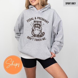 A woman wearing a grey hoodie with a graphic of a raccoon and the text "Feral & Pregnant Don't Touch Me" printed on it.