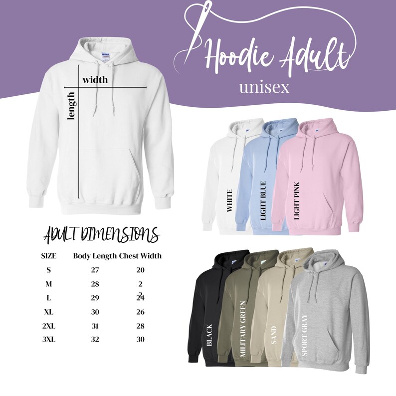 The image is a collage of multiple images featuring adult hoodie sizes and colors, along with a list of sizes and corresponding colors.