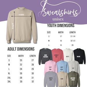 May include: A beige crewneck sweatshirt displayed with a size chart for youth and adult dimensions. The chart lists sizes S through 3XL with corresponding width and length measurements in inches. Eleven additional sweatshirt colors are shown below.
