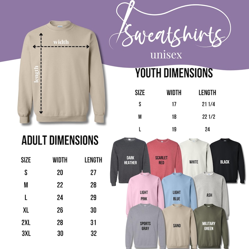 May include: A beige crewneck sweatshirt displayed with a size chart for youth and adult dimensions. The chart lists sizes S through 3XL with corresponding width and length measurements in inches. Eleven additional sweatshirt colors are shown below.