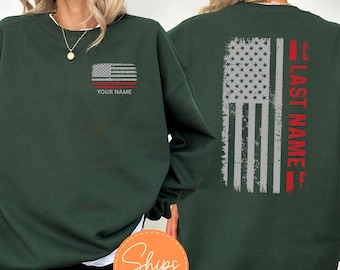 Custom Firefighter Sweatshirt | Personalized Fireman Crewneck, Red Line Flag Hoodie