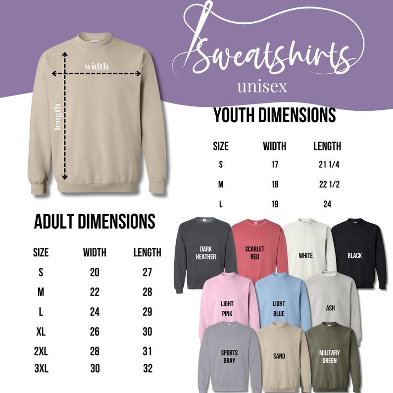 a collection of sweatshirts in various sizes and colors, along with their corresponding dimensions. The text provides information about the youth dimensions of the sweatshirts, including the width, length, and size.