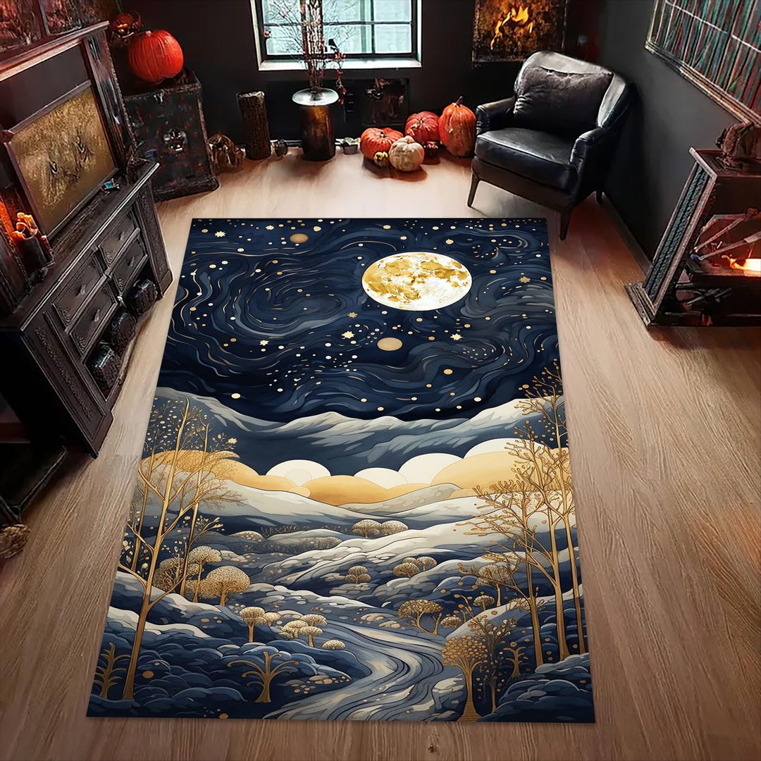 Golden Moon Night Rug – Starry Sky Landscape Carpet, Elegant Galaxy Art ...