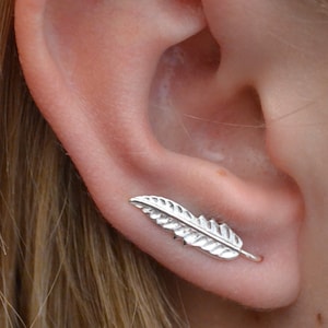 Feather Mini • Ear Climber • Earring • Ear Pin • Ear Climbers • One Piercing • Sterling Silver or 14k Gold Vermeil • Single Side or Pair