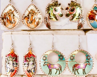 Horse Earrings • Hand Painted Earrings • Solid Copper Cowgirl Earrings • Equestrian Horse Jewelry •  Horse Dangle Earrings • Indian Earrings