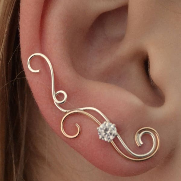 Swirling CZ Ear Climber, Two Toned, Gold Filled or Sterling Silver, One Piercing Needed, EP21