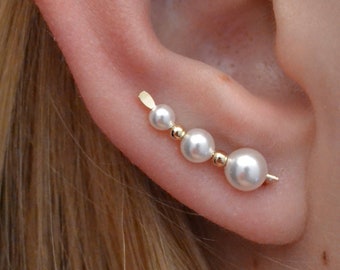 Pearl Mini • Ear Climber • Dainty Ear Climbers • Ear Crawlers • Wedding Earrings • Minimalist Pearl Earrings • Gold Ear Climbers • EP28-P3