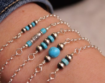 Turquoise Anklets with Genuine Navajo Pearls and Rare Kingman Turquoise • Custom Sized