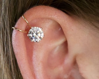 Ear Cuff with 7mm CZ •  Big Bling Cartilage Cuff • No piercing • Sterling Silver or 14K Gold filled • SINGLE Side or Pair • EC805