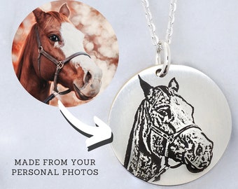 Horse Portrait Necklace • Horse Jewelry Necklace Personalized • Engraved Horse Photo • Memorial Horse Necklace • Horse Loss Gift Jewelry