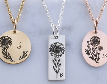 Collier tournesol personnalisé • Gravure cadeau fête des mères • Collier floral personnalisé • Argent sterling • Cadeau pour elle • Cadeau pour maman