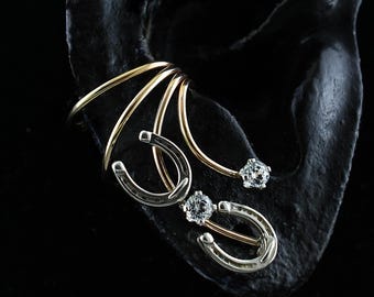 Horseshoe Ear Cuff with CZ • Two-Toned or Sterling Silver • Decorate Without Pierceing • EW124