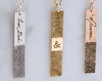 Actual Fingerprint with Real Handwriting Necklace • Vertical Bar Handwriting Necklace •  Memorial Fingerprint Jewelry • Gift for Her Grandma