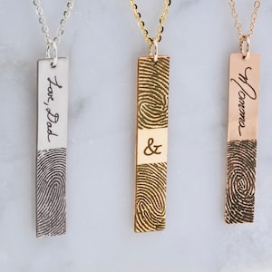 Actual Fingerprint with Real Handwriting Necklace • Vertical Bar Handwriting Necklace •  Memorial Fingerprint Jewelry • Gift for Her Grandma