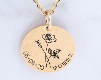 Personalized Birth Flower Necklace • Sterling Silver, Engraved Floral Charm
