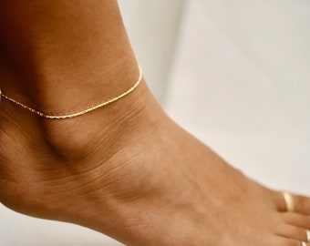 Simple Silver Anklets Brown Woven Waxed Cord Bell Tiny Small Skinny Dianty