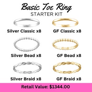May include: A starter kit of toe rings in silver and gold. The kit includes classic, bead, and braid styles, with eight of each design. The text "Basic Toe Ring Starter Kit" is at the top.