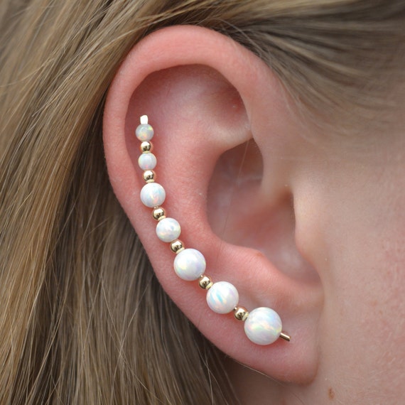 Ear Wrap Earring Ear Sweep Ear Crawler Silver White Opals Ear Climber Earring 