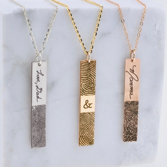 Actual Fingerprint With Real Handwriting Necklace Vertical Bar