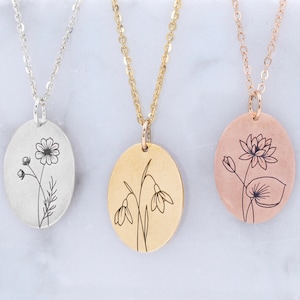 Personalized Birth Flower Necklace • Wildflower Engraved Necklace • Birth Flower Jewelry • Wildflower Jewelry • Gift For Her • Gift for Mom