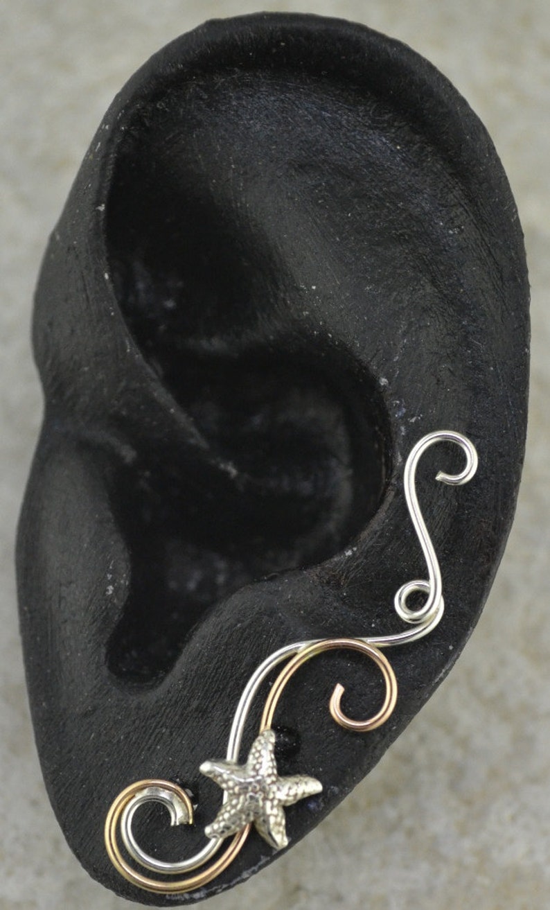 Swirling Victorian with Starfish -Earring Ear Pin Climber SINGLE SIDE or PAIR or Mixed Metals 14k Gold Filled Sterling Silver