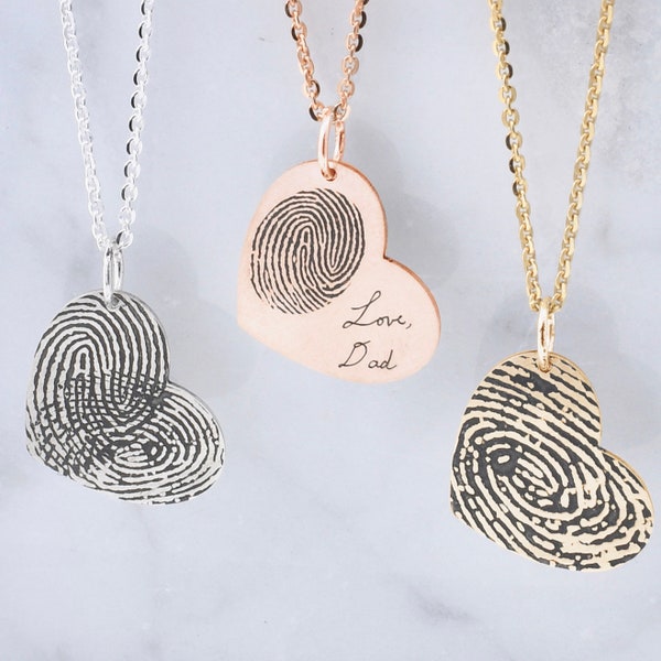 Sterling Silver Fingerprint Heart Necklace • Handwriting Memorial Jewelry