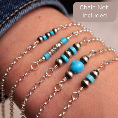 Charm connecteur permanent pour bijoux en perles de Navajo, turquoise Kingman rare, argent sterling, style cow-girl, bracelet fini en option