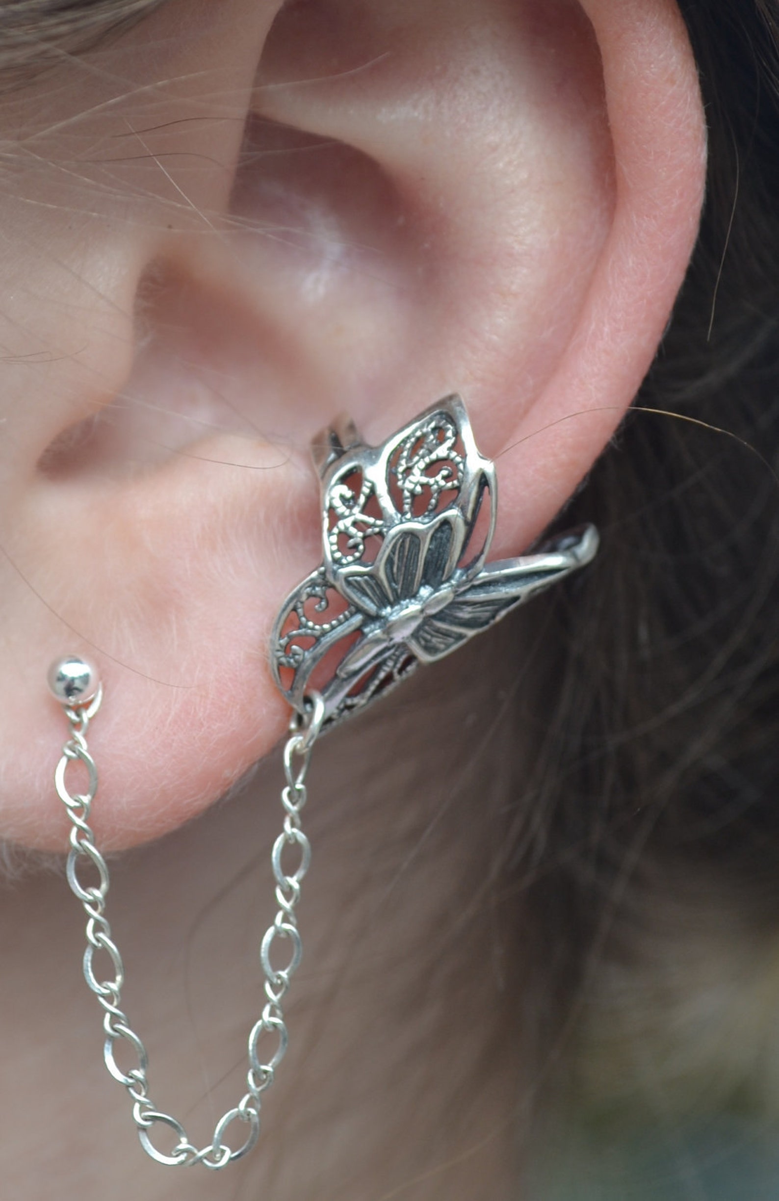 Butterfly Ear Cuff With Chain to Post Sterling Silver Etsy