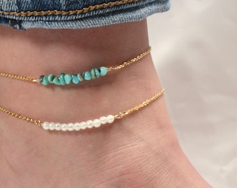 Turquoise Anklet • Freshwater Pearl Anklet • Custom Sizes Fit Any Ankle
