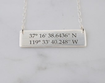 Personalized Sterling Silver Bar Necklace • Coordinates, Roman Numerals