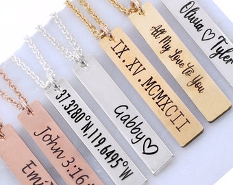 Personalized Vertical Bar Necklace • Custom Engraved Names, Coordinates, Roman numerals, Sterling Silver, Gold, Rose • Gift for Her or Him