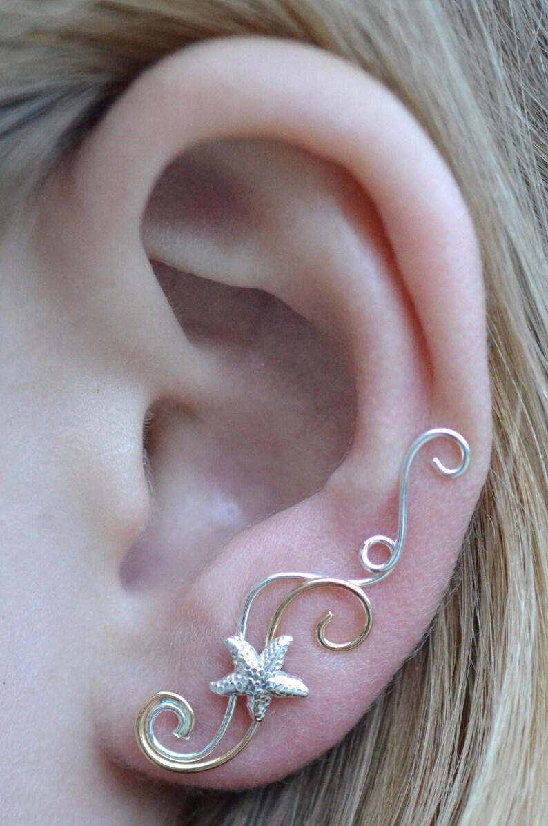Swirling Victorian with Starfish -Earring Ear Pin Climber SINGLE SIDE or PAIR or Mixed Metals 14k Gold Filled Sterling Silver