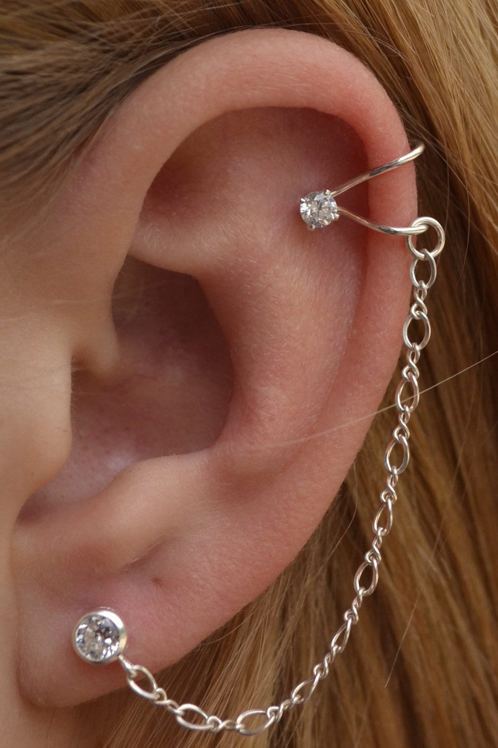 Triple Chain Helix Cartilage Earring Sterling Silver and Rose Gold   Inspired Handmade Jewellery
