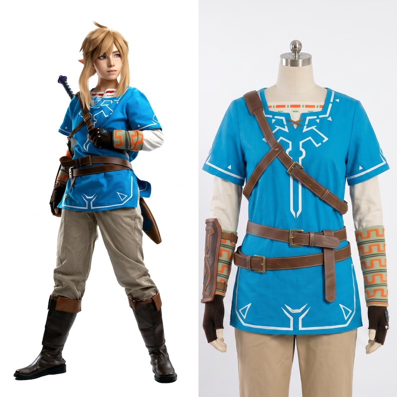 K&ouml;nnte beinhalten: Eine blaue Tunika mit wei&szlig;en geometrischen Mustern &uuml;ber einem wei&szlig;en Langarmshirt, kombiniert mit beigefarbener Hose, braunen G&uuml;rteln in Lederoptik, braunen Armschienen mit orangefarbenen und gr&uuml;nen Akzenten sowie dunkelbraunen Stiefeln.