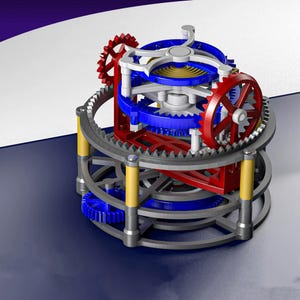May include: A detailed model of a clock escapement, featuring red, blue, and silver gears, with yellow support columns. The intricate structure is set against a gradient background. The design is complex.