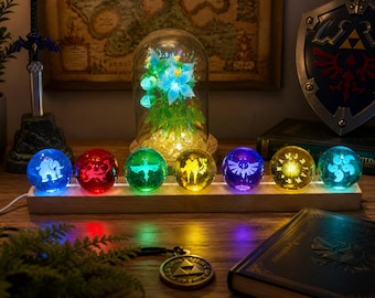 Zelda Breath of the Wild 3D Crystal Ball Night Light, Zelda Four Champions Skills Lamp, TotK Sage's Will &Light of Blessing 3D Engraved Lamp