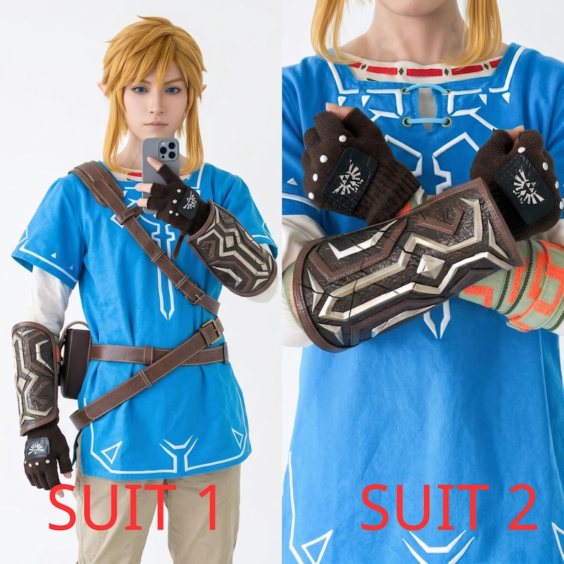 K&ouml;nnte beinhalten: Eine blaue Tunika mit wei&szlig;en geometrischen Mustern, braune fingerlose Handschuhe mit wei&szlig;en Nieten und einem schwarzen Emblem sowie ein brauner Unterarmschutz mit silbernen Metalldetails. Das Outfit umfasst ein braunes G&uuml;rtelsystem.