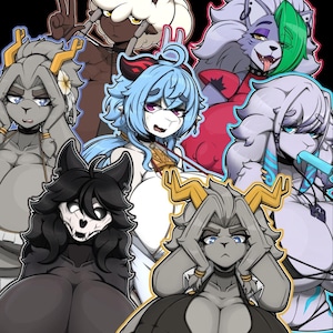 May include: A digital artwork depicting multiple anthropomorphic characters with animal characteristics. The characters, with features like wolves and sheep, display a range of colours and expressions. The illustration is rendered in a cartoon style.