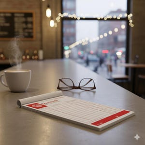 May include: A still-life scene on a countertop features a steaming white coffee cup, a pair of brown-framed glasses, and a notepad with red accents and the text "Squizzeds". The background shows a blurred view of a city street.