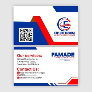 May include: Business card with the Explicit Express Logistics Service Ltd logo. The card features a QR code, contact information, and a list of services including general contracting and cashew nut sales. The card also displays the name Famade and Godwin Oluwaseun, MD/CEO.